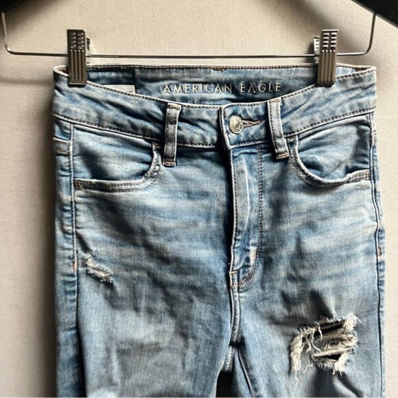 American Eagle Outfitters High Rise Jegging distressed frayed skinny jeans Sz 0 - Picture 4 of 13